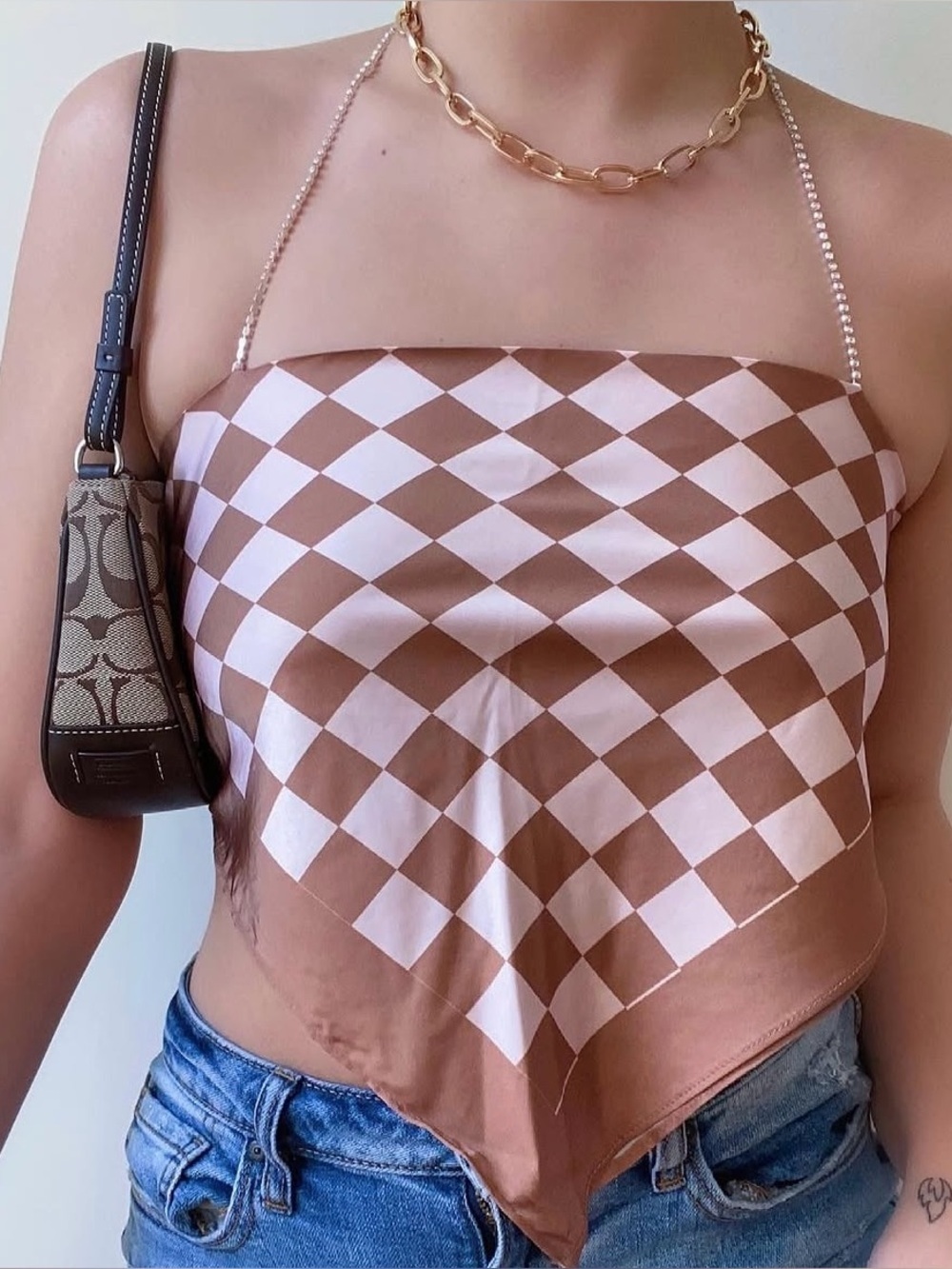 Checkered cherry mocha diamond string top